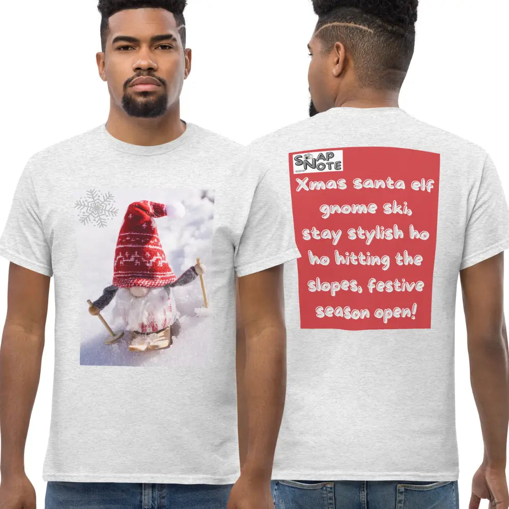 Man supermodel wearing T-Shirt TShirt Tee Men Women Teens Unisex Heavy Cotton Round Neck - xmas elf gnome snow ski red pattern - Ash - 34.90 - SnapNote streetwear