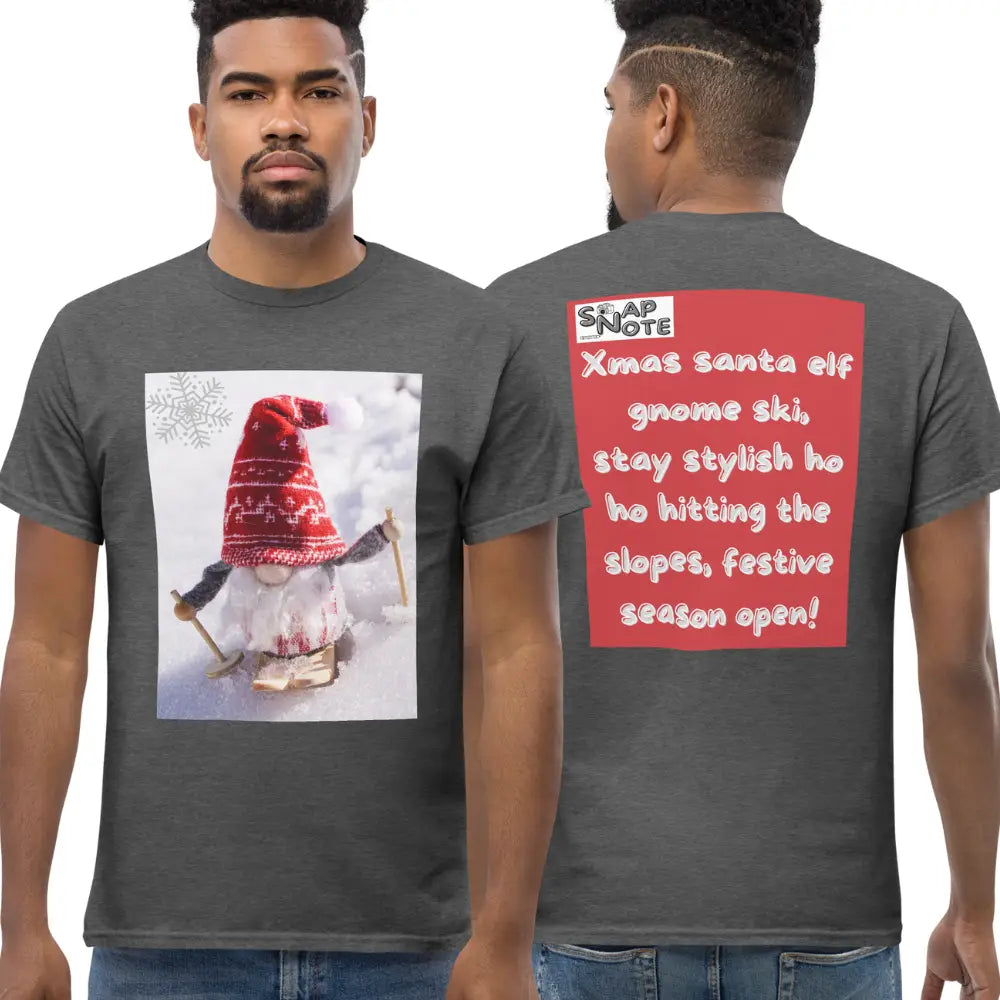 Man supermodel wearing T-Shirt TShirt Tee Men Women Teens Unisex Heavy Cotton Round Neck - xmas elf gnome snow ski red pattern - Dark-Heather - 34.90 - SnapNote streetwear