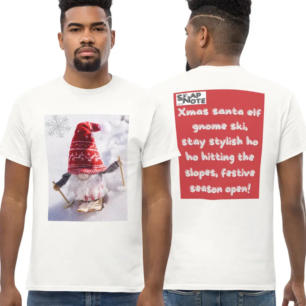 Man supermodel wearing T-Shirt TShirt Tee Men Women Teens Unisex Heavy Cotton Round Neck - xmas elf gnome snow ski red pattern - White - 34.90 - SnapNote streetwear