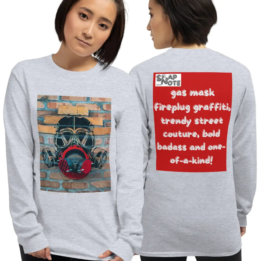 Woman supermodel wearing T-Shirt TShirt T Shirt Tee Men Women Teens Unisex Long Sleeves Heavy Cotton Crew Neck - badass gas mask graffiti red pattern - Sport-Grey - 44.90 - SnapNote streetwear