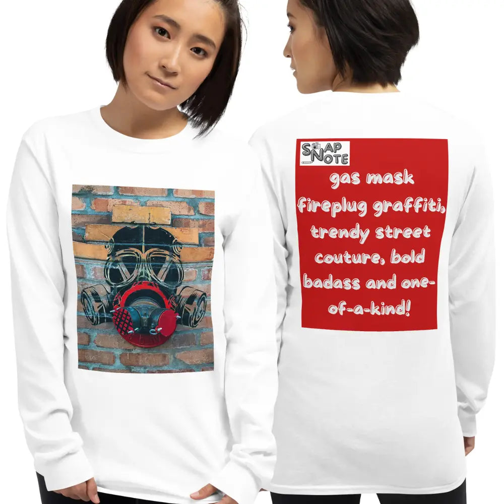 Woman supermodel wearing T-Shirt TShirt T Shirt Tee Men Women Teens Unisex Long Sleeves Heavy Cotton Crew Neck - badass gas mask graffiti red pattern - White - 44.90 - SnapNote streetwear