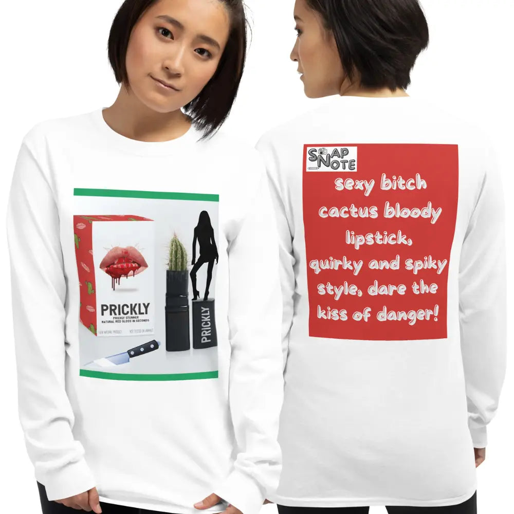 Woman supermodel wearing T-Shirt TShirt T Shirt Tee Men Women Teens Unisex Long Sleeves Heavy Cotton Crew Neck - makeup bitch cactus lipstick red pattern - White - 44.90 - SnapNote streetwear