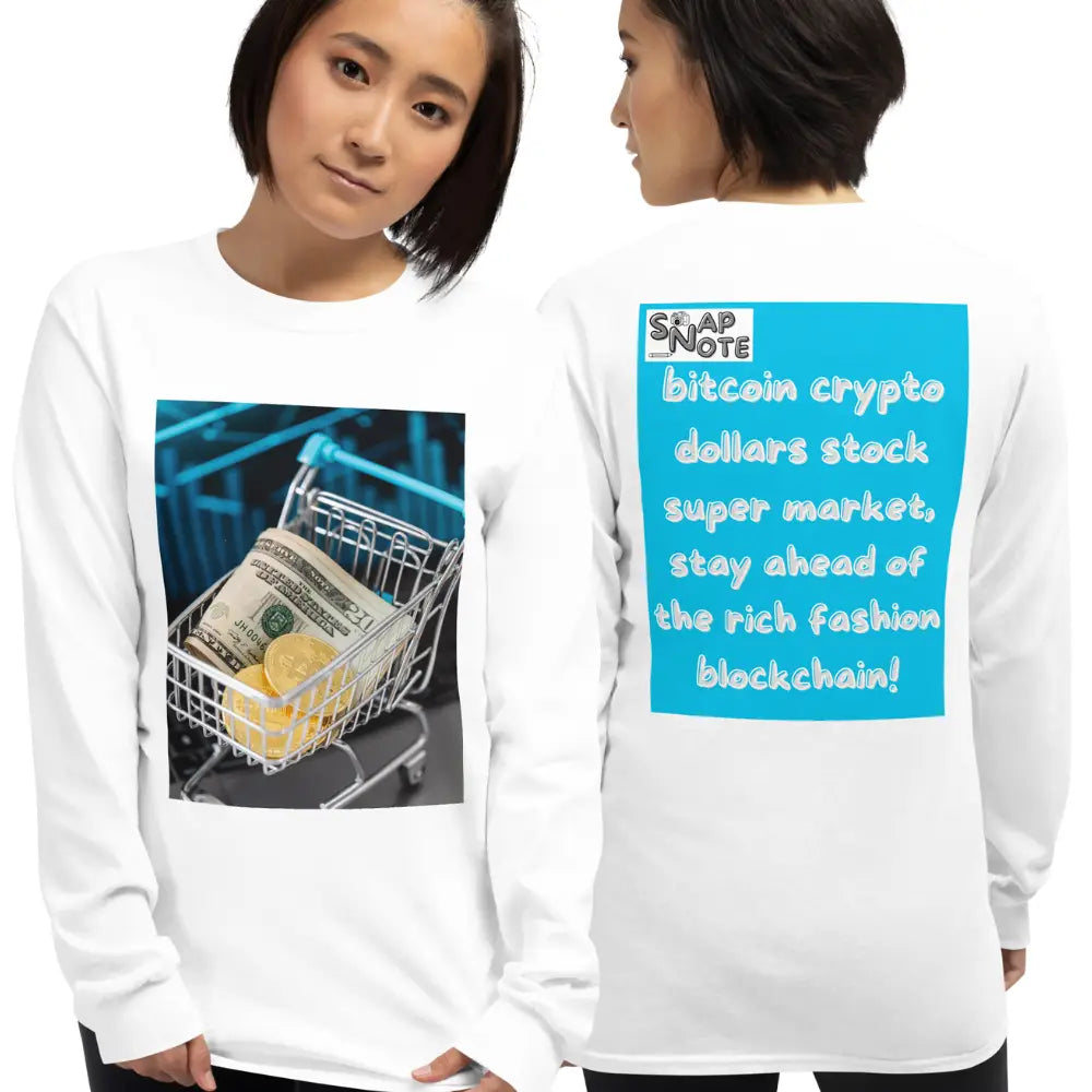 Woman supermodel wearing T-Shirt TShirt T Shirt Tee Men Women Teens Unisex Long Sleeves Heavy Cotton Crew Neck - bitcoin crypto dollars shopping cart blue pattern - White - 44.90 - SnapNote streetwear