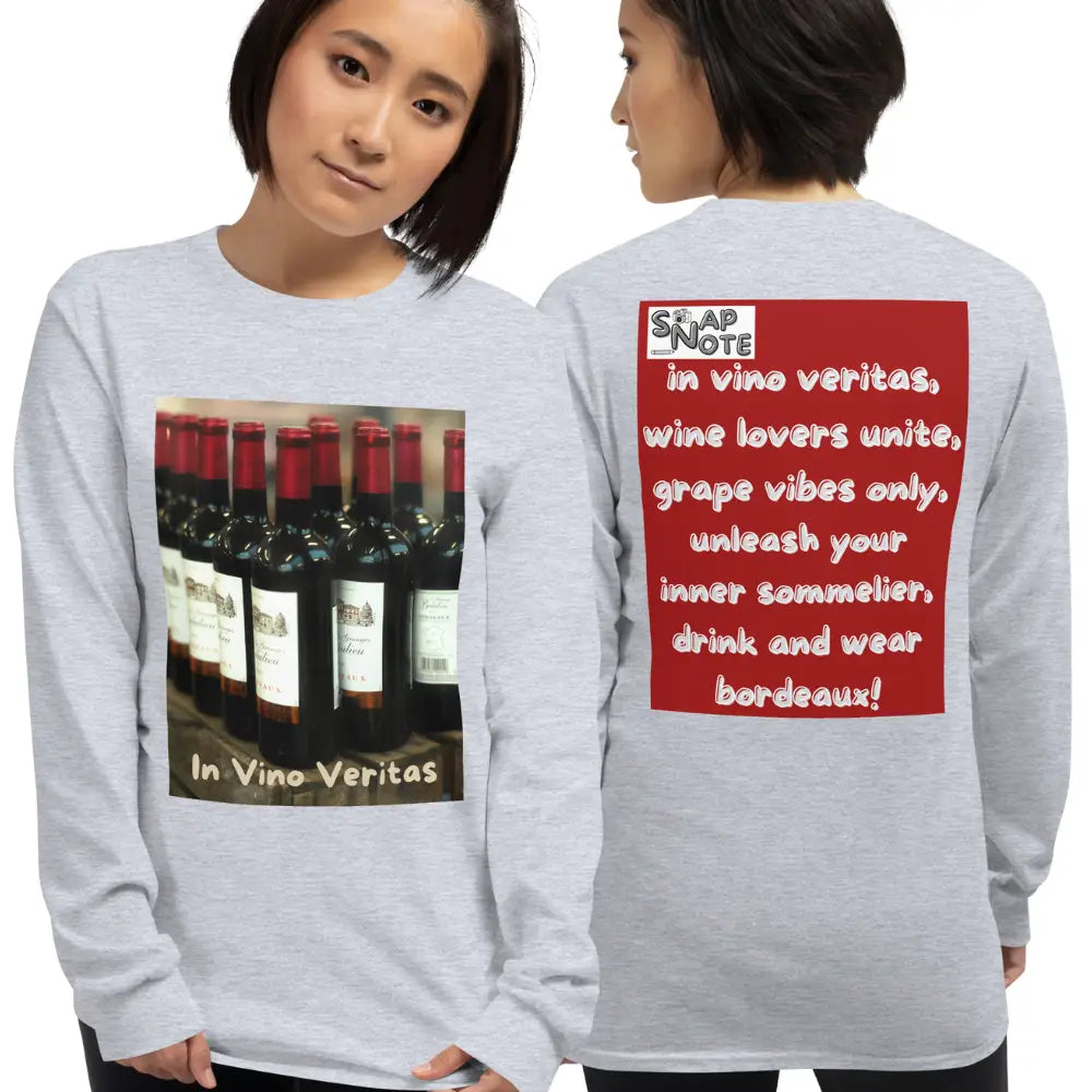 Woman supermodel wearing T-Shirt TShirt T Shirt Tee Men Women Teens Unisex Long Sleeves Heavy Cotton Crew Neck - bordeaux wine bottles maroon pattern - Sport-Grey - 44.90 - SnapNote streetwear