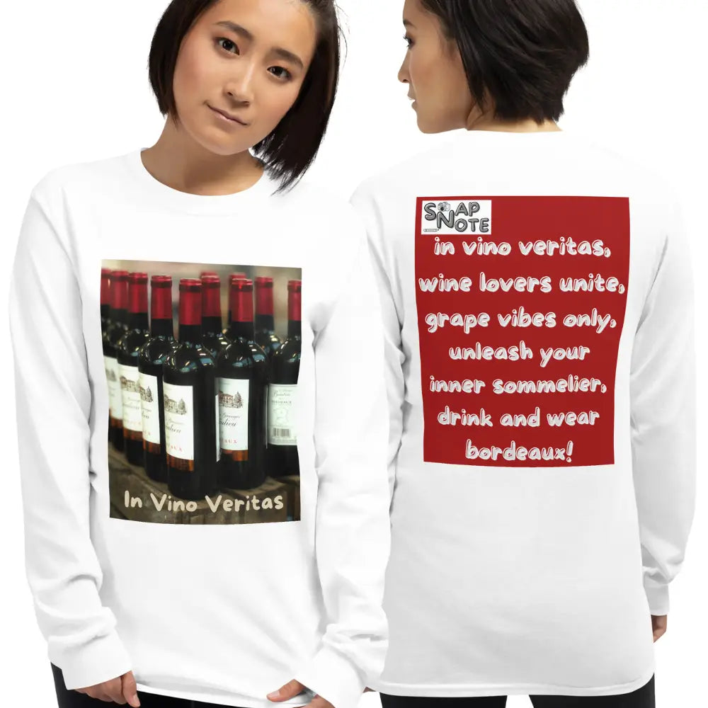 Woman supermodel wearing T-Shirt TShirt T Shirt Tee Men Women Teens Unisex Long Sleeves Heavy Cotton Crew Neck - bordeaux wine bottles maroon pattern - White - 44.90 - SnapNote streetwear