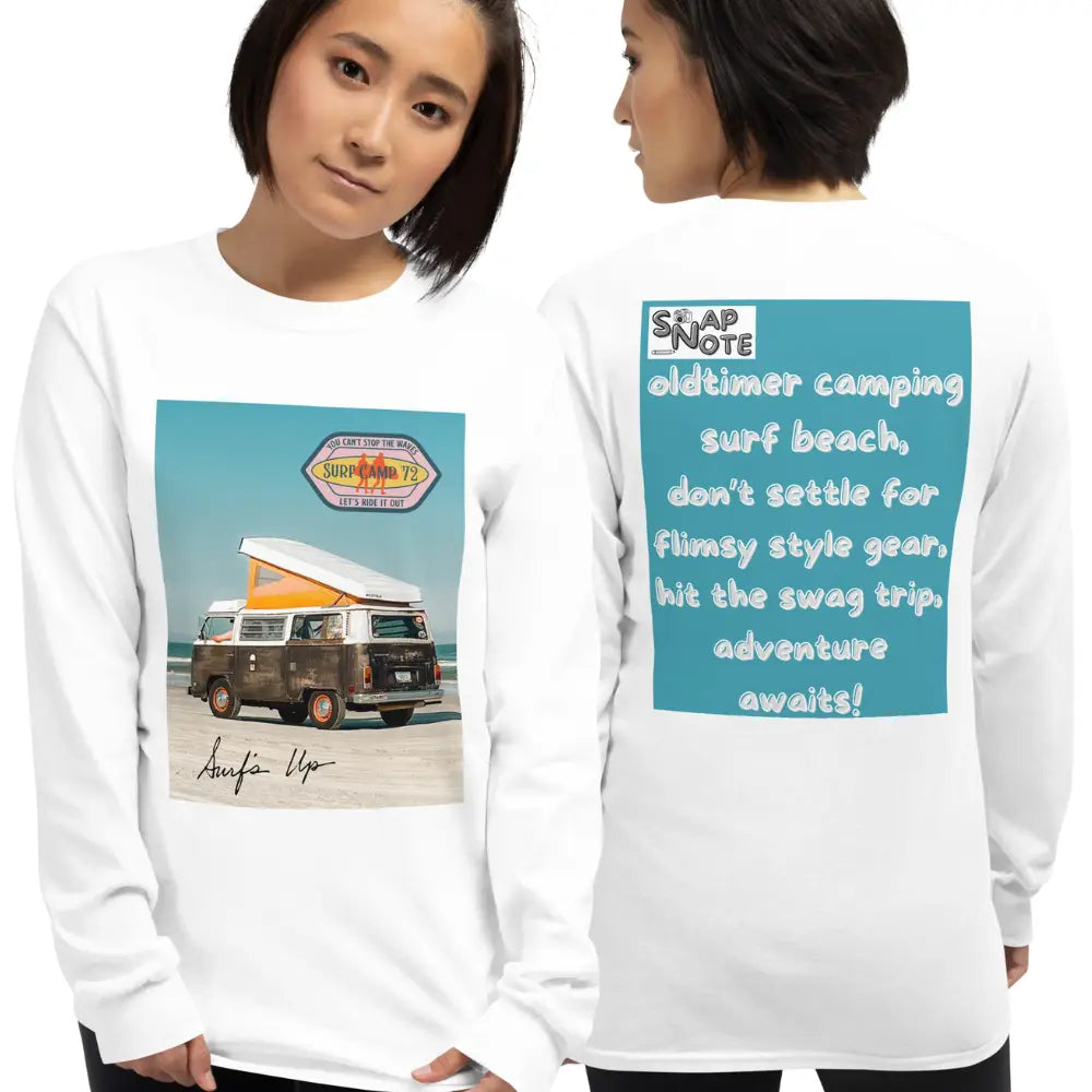 Woman supermodel wearing T-Shirt TShirt T Shirt Tee Men Women Teens Unisex Long Sleeves Heavy Cotton Crew Neck - vintage camping van surf blue pattern - White - 44.90 - SnapNote streetwear