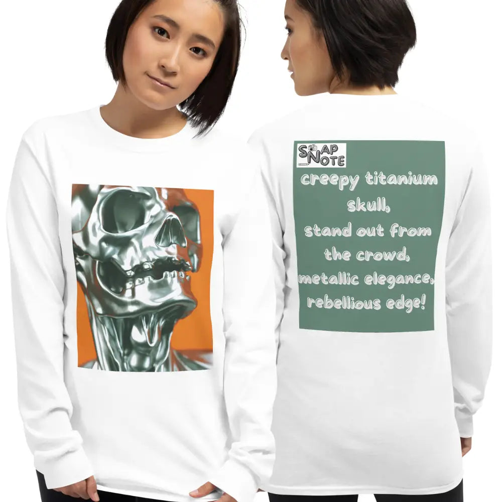 Woman supermodel wearing T-Shirt TShirt T Shirt Tee Men Women Teens Unisex Long Sleeves Heavy Cotton Crew Neck - skeleton metallic skull close-up green pattern - White - 44.90 - SnapNote streetwear