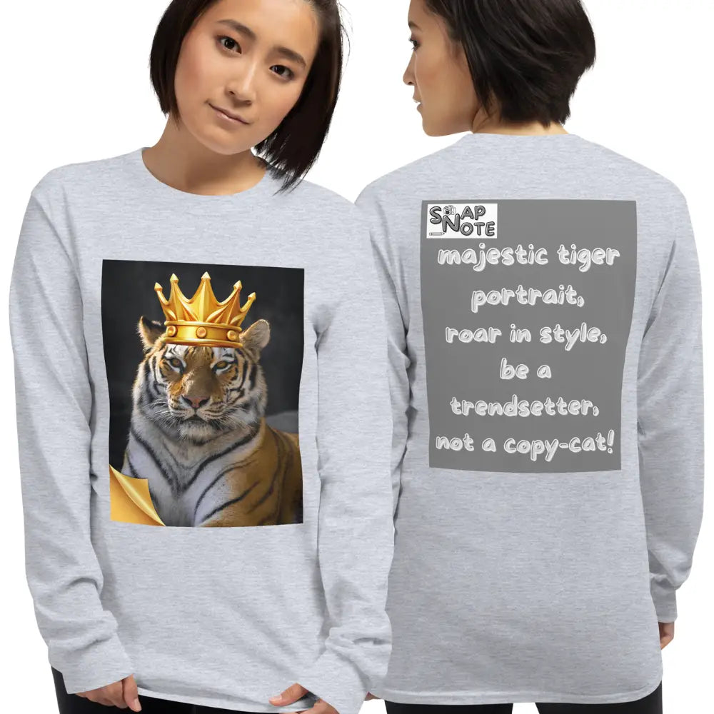 Woman supermodel wearing T-Shirt TShirt T Shirt Tee Men Women Teens Unisex Long Sleeves Heavy Cotton Crew Neck - animal feline crown tiger grey pattern - Sport-Grey - 44.90 - SnapNote streetwear