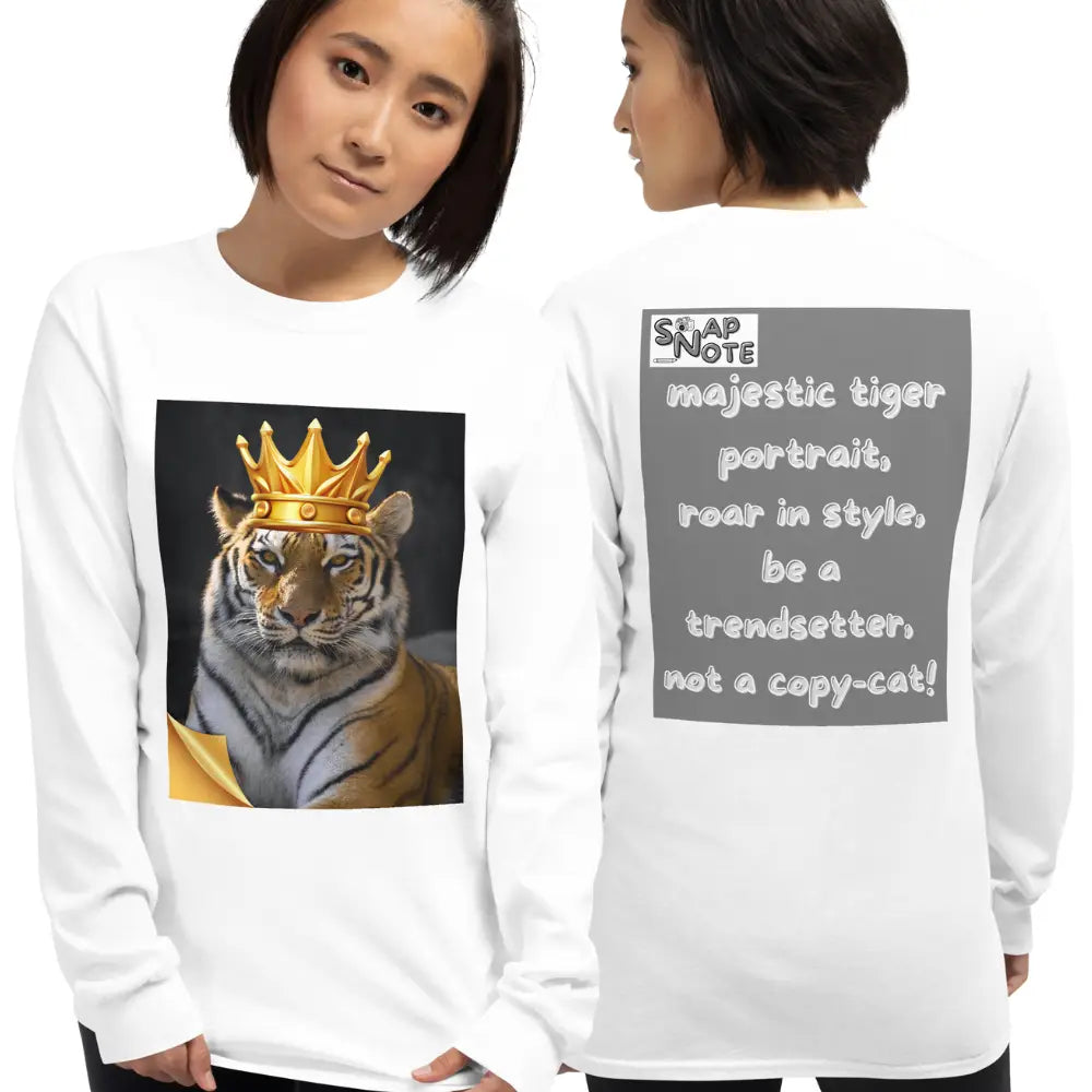 Woman supermodel wearing T-Shirt TShirt T Shirt Tee Men Women Teens Unisex Long Sleeves Heavy Cotton Crew Neck - animal feline crown tiger grey pattern - White - 44.90 - SnapNote streetwear