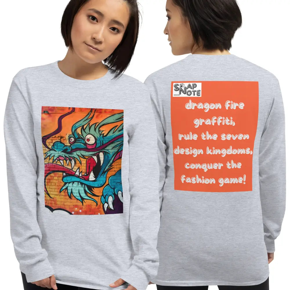 Woman supermodel wearing T-Shirt TShirt T Shirt Tee Men Women Teens Unisex Long Sleeves Heavy Cotton Crew Neck - dragon science-fiction graffiti orange pattern - Sport-Grey - 44.90 - SnapNote streetwear