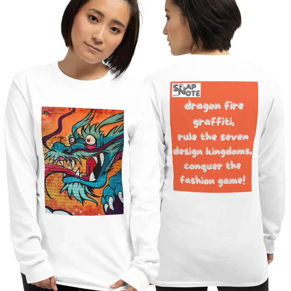 Woman supermodel wearing T-Shirt TShirt T Shirt Tee Men Women Teens Unisex Long Sleeves Heavy Cotton Crew Neck - dragon science-fiction graffiti orange pattern - White - 44.90 - SnapNote streetwear