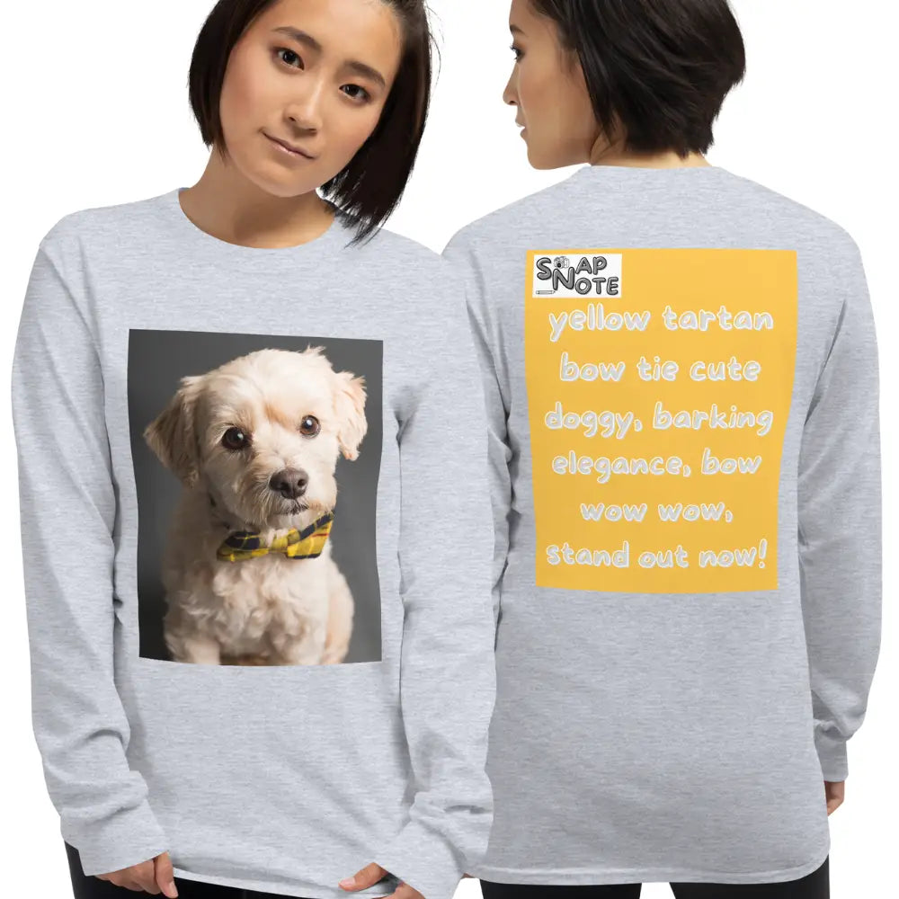 Woman supermodel wearing T-Shirt TShirt T Shirt Tee Men Women Teens Unisex Long Sleeves Heavy Cotton Crew Neck - animal pet elegant doggy yellow pattern - Sport-Grey - 44.90 - SnapNote streetwear