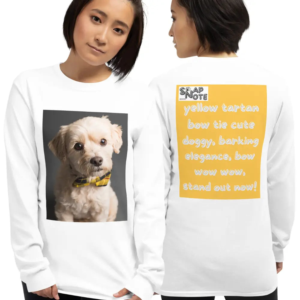 Woman supermodel wearing T-Shirt TShirt T Shirt Tee Men Women Teens Unisex Long Sleeves Heavy Cotton Crew Neck - animal pet elegant doggy yellow pattern - White - 44.90 - SnapNote streetwear