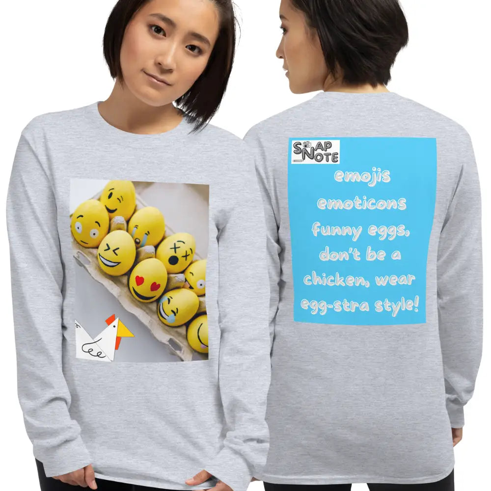 Woman supermodel wearing T-Shirt TShirt T Shirt Tee Men Women Teens Unisex Long Sleeves Heavy Cotton Crew Neck - emoji emoticon eggs chicken blue pattern - Sport-Grey - 44.90 - SnapNote streetwear