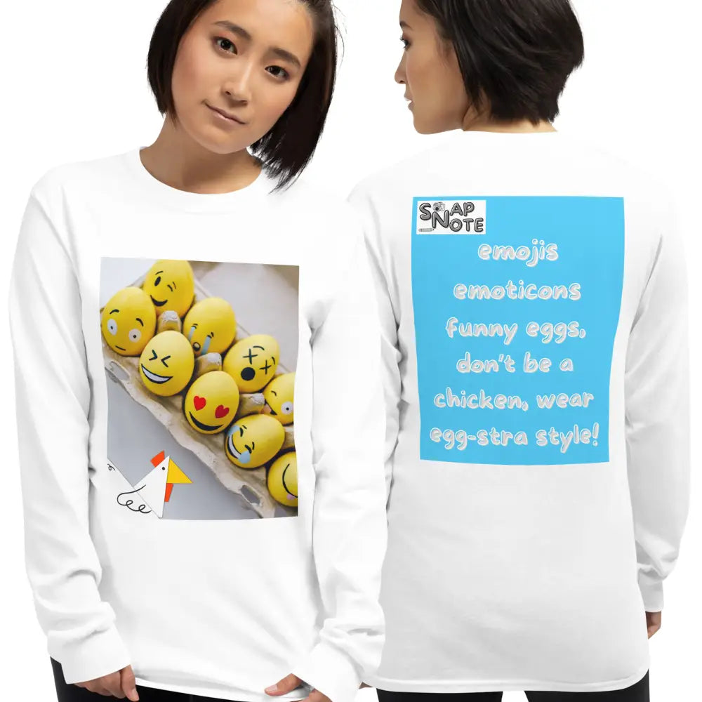 Woman supermodel wearing T-Shirt TShirt T Shirt Tee Men Women Teens Unisex Long Sleeves Heavy Cotton Crew Neck - emoji emoticon eggs chicken blue pattern - White - 44.90 - SnapNote streetwear