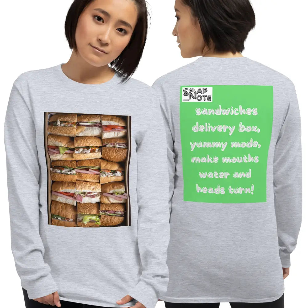 Woman supermodel wearing T-Shirt TShirt T Shirt Tee Men Women Teens Unisex Long Sleeves Heavy Cotton Crew Neck - fast-food delivery box sandwiches green pattern - Sport-Grey - 44.90 - SnapNote streetwear