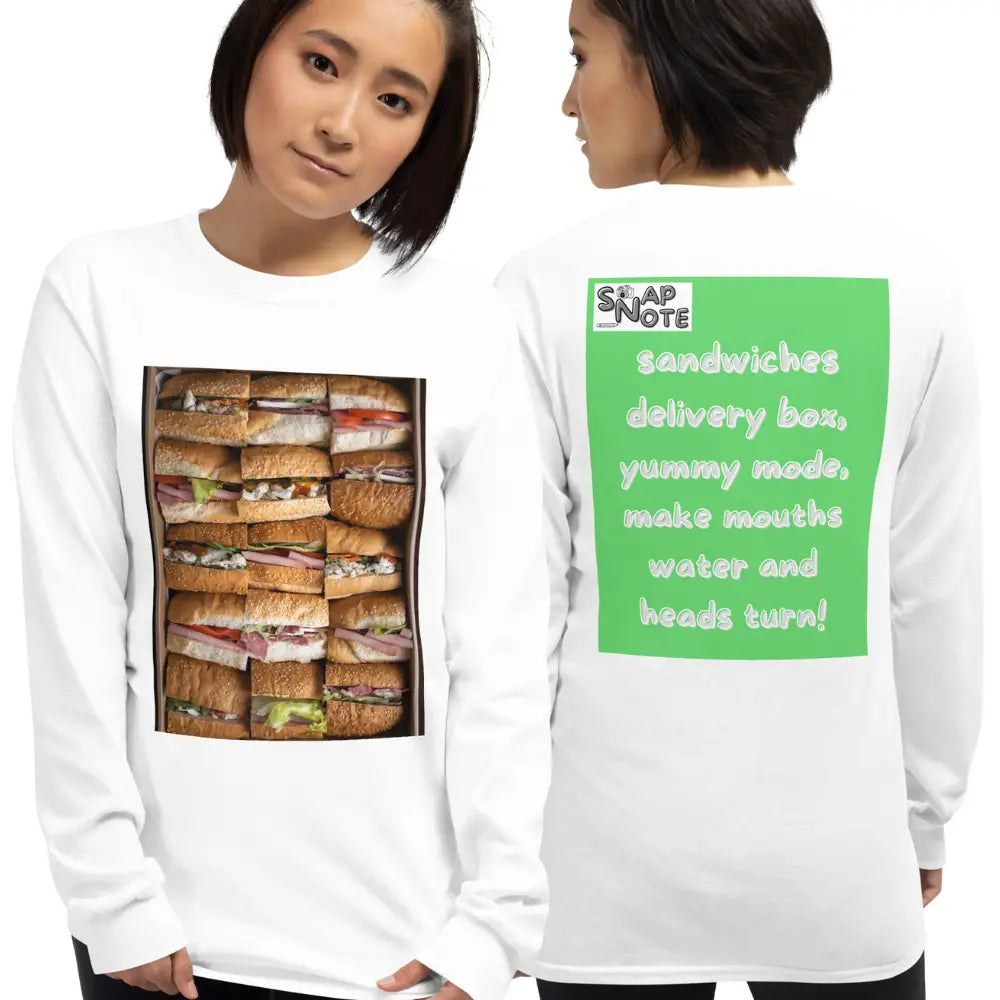 Woman supermodel wearing T-Shirt TShirt T Shirt Tee Men Women Teens Unisex Long Sleeves Heavy Cotton Crew Neck - fast-food delivery box sandwiches green pattern - White - 44.90 - SnapNote streetwear