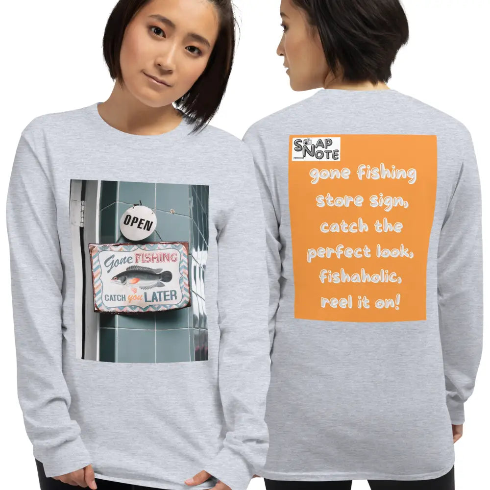 Woman supermodel wearing T-Shirt TShirt T Shirt Tee Men Women Teens Unisex Long Sleeves Heavy Cotton Crew Neck - outdoor hobby fishing store orange pattern - Sport-Grey - 44.90 - SnapNote streetwear