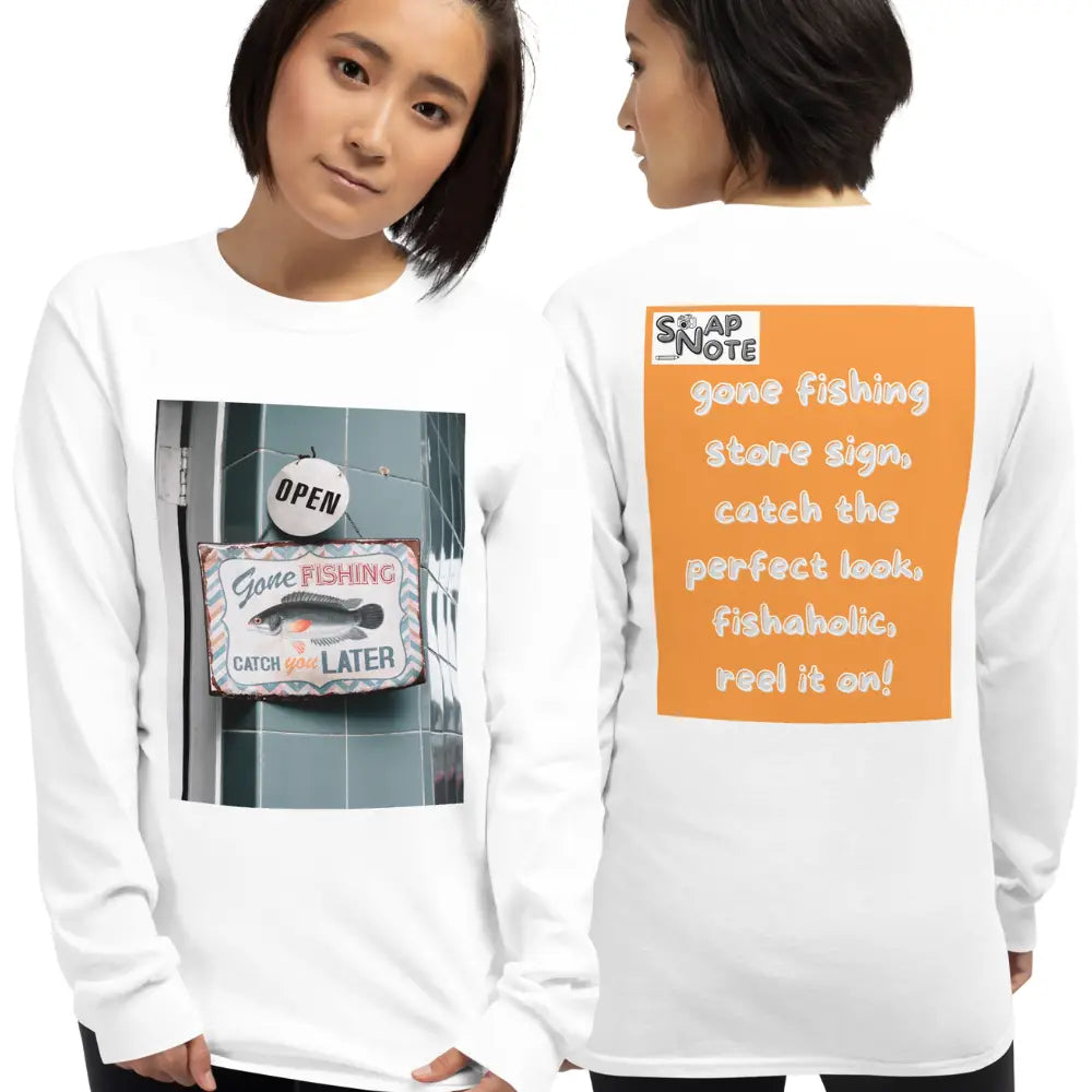 Woman supermodel wearing T-Shirt TShirt T Shirt Tee Men Women Teens Unisex Long Sleeves Heavy Cotton Crew Neck - outdoor hobby fishing store orange pattern - White - 44.90 - SnapNote streetwear