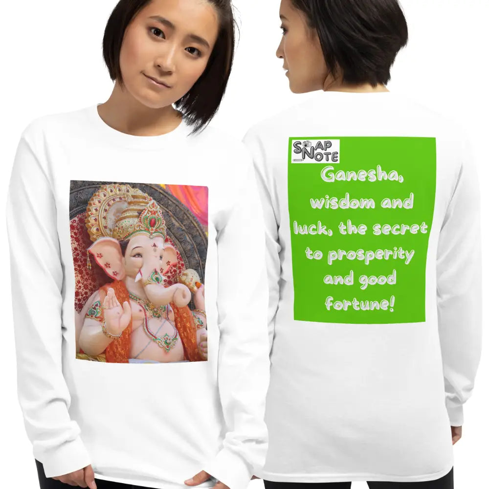 Woman supermodel wearing T-Shirt TShirt T Shirt Tee Men Women Teens Unisex Long Sleeves Heavy Cotton Crew Neck - ganesha religion bollywood india green pattern - White - 44.90 - SnapNote streetwear