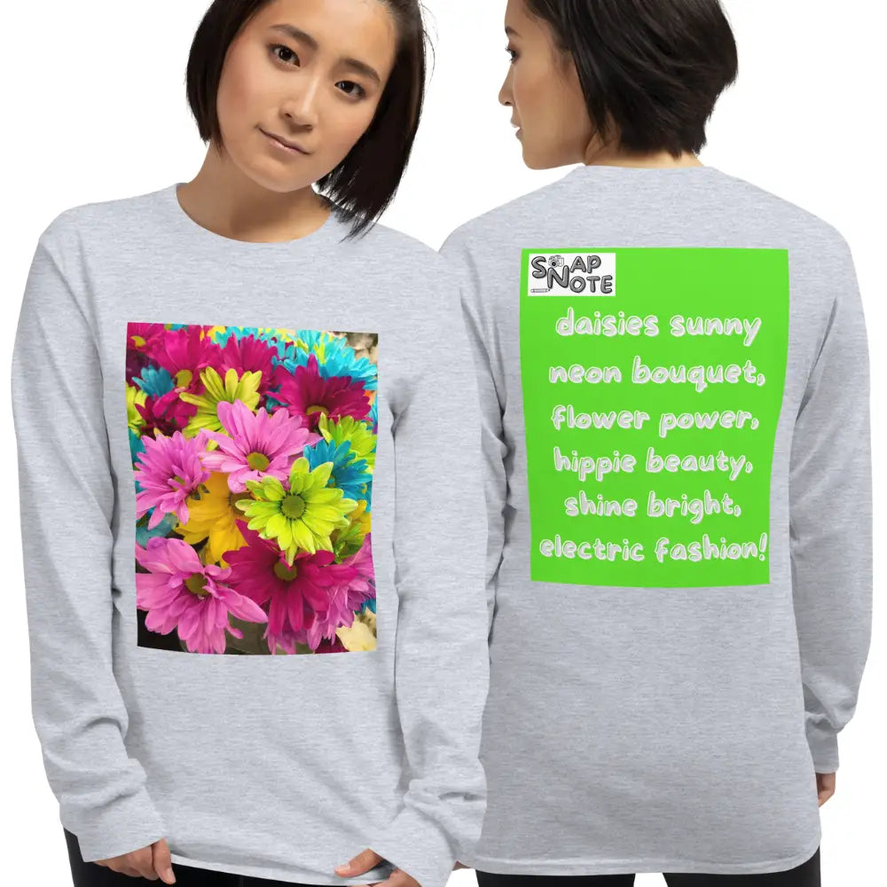 Woman supermodel wearing T-Shirt TShirt T Shirt Tee Men Women Teens Unisex Long Sleeves Heavy Cotton Crew Neck - hippie chic flowers bouquet green pattern - Sport-Grey - 44.90 - SnapNote streetwear