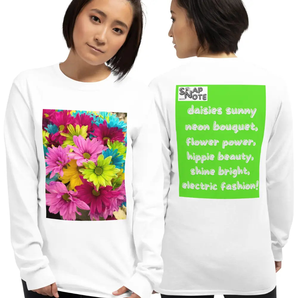 Woman supermodel wearing T-Shirt TShirt T Shirt Tee Men Women Teens Unisex Long Sleeves Heavy Cotton Crew Neck - hippie chic flowers bouquet green pattern - White - 44.90 - SnapNote streetwear