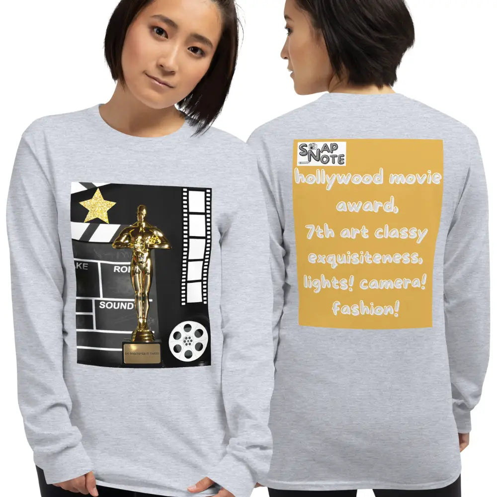 Woman supermodel wearing T-Shirt TShirt T Shirt Tee Men Women Teens Unisex Long Sleeves Heavy Cotton Crew Neck - hollywood film movie award gold pattern - Sport-Grey - 44.90 - SnapNote streetwear