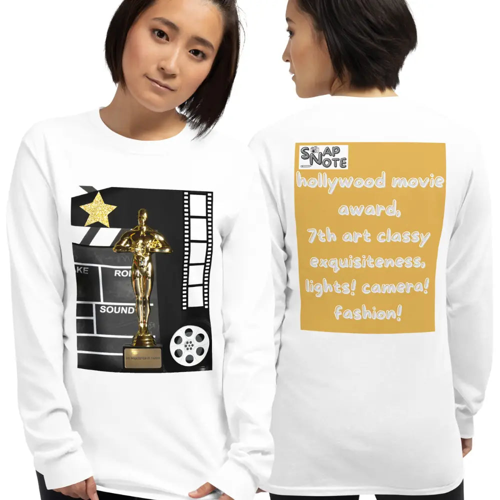 Woman supermodel wearing T-Shirt TShirt T Shirt Tee Men Women Teens Unisex Long Sleeves Heavy Cotton Crew Neck - hollywood film movie award gold pattern - White - 44.90 - SnapNote streetwear