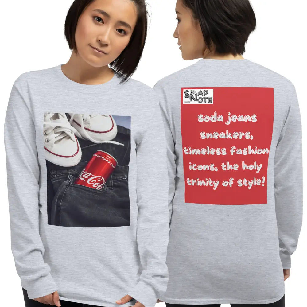 Woman supermodel wearing T-Shirt TShirt T Shirt Tee Men Women Teens Unisex Long Sleeves Heavy Cotton Crew Neck - iconic soda jeans sneakers red pattern - Sport-Grey - 44.90 - SnapNote streetwear