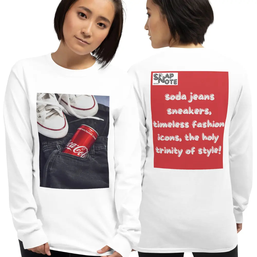 Woman supermodel wearing T-Shirt TShirt T Shirt Tee Men Women Teens Unisex Long Sleeves Heavy Cotton Crew Neck - iconic soda jeans sneakers red pattern - White - 44.90 - SnapNote streetwear