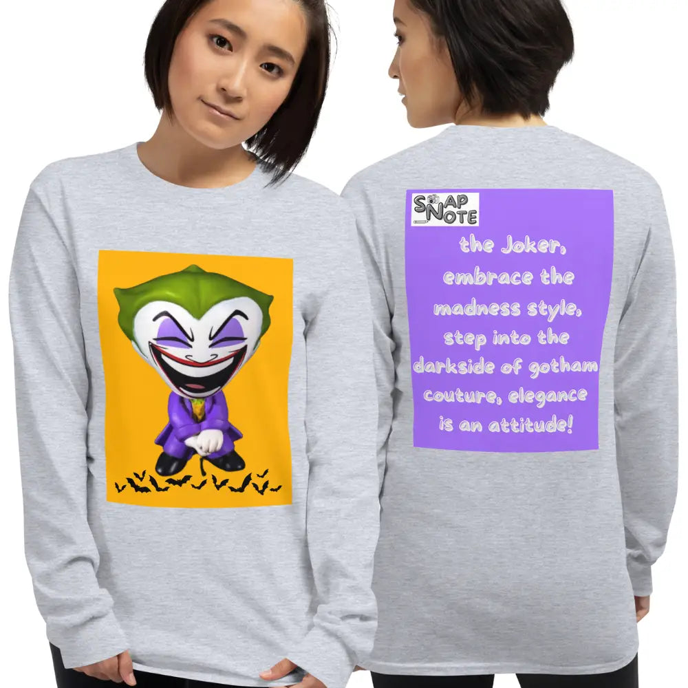 Woman supermodel wearing T-Shirt TShirt T Shirt Tee Men Women Teens Unisex Long Sleeves Heavy Cotton Crew Neck - comics superhero joker bats purple pattern - Sport-Grey - 44.90 - SnapNote streetwear