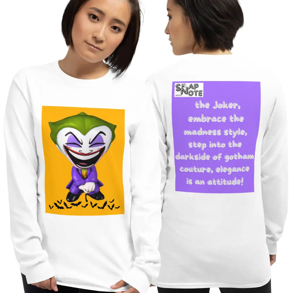 Woman supermodel wearing T-Shirt TShirt T Shirt Tee Men Women Teens Unisex Long Sleeves Heavy Cotton Crew Neck - comics superhero joker bats purple pattern - White - 44.90 - SnapNote streetwear