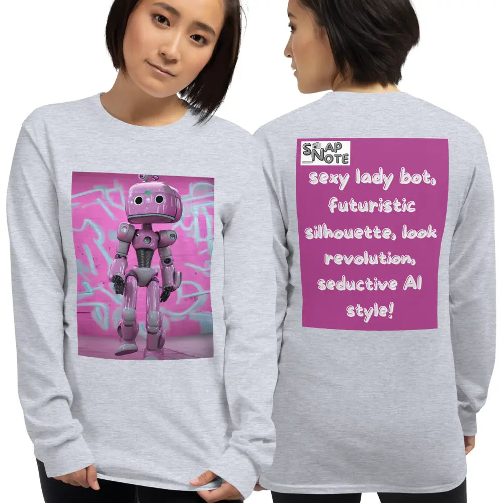 Woman supermodel wearing T-Shirt TShirt T Shirt Tee Men Women Teens Unisex Long Sleeves Heavy Cotton Crew Neck - lady robot artificial intelligence pink pattern - Sport-Grey - 44.90 - SnapNote streetwear