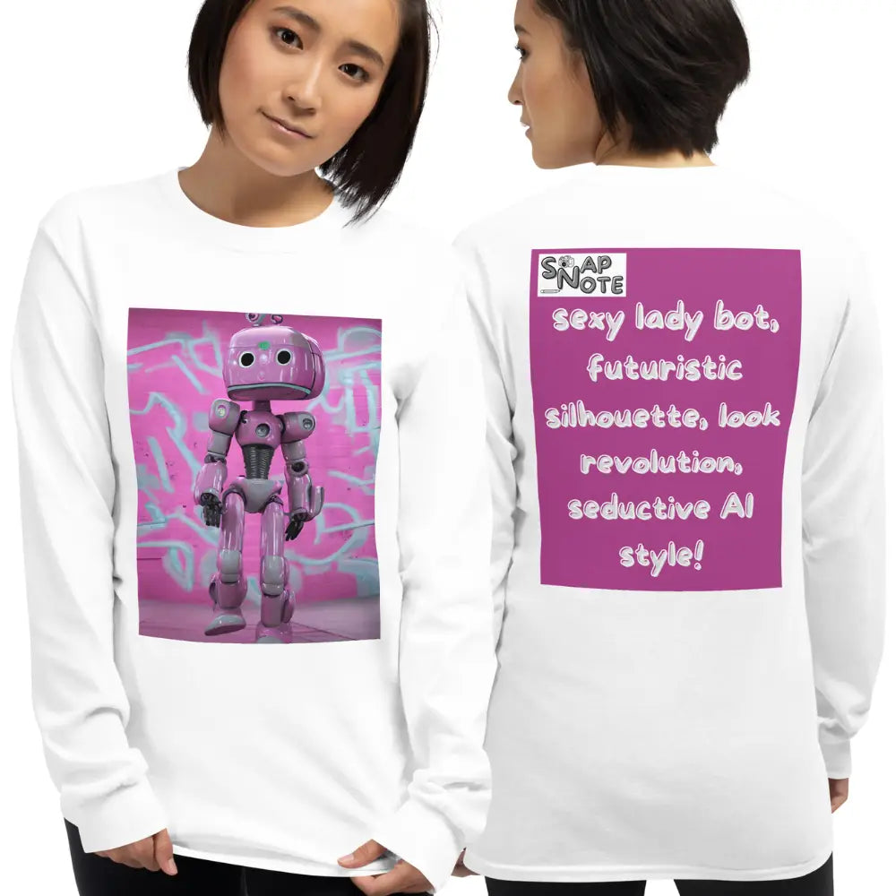 Woman supermodel wearing T-Shirt TShirt T Shirt Tee Men Women Teens Unisex Long Sleeves Heavy Cotton Crew Neck - lady robot artificial intelligence pink pattern - White - 44.90 - SnapNote streetwear