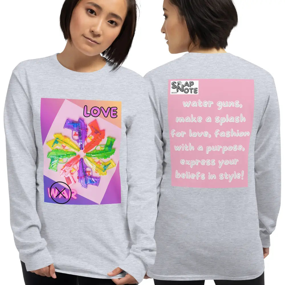 Woman supermodel wearing T-Shirt TShirt T Shirt Tee Men Women Teens Unisex Long Sleeves Heavy Cotton Crew Neck - love not war watergun peace pink pattern - Sport-Grey - 44.90 - SnapNote streetwear