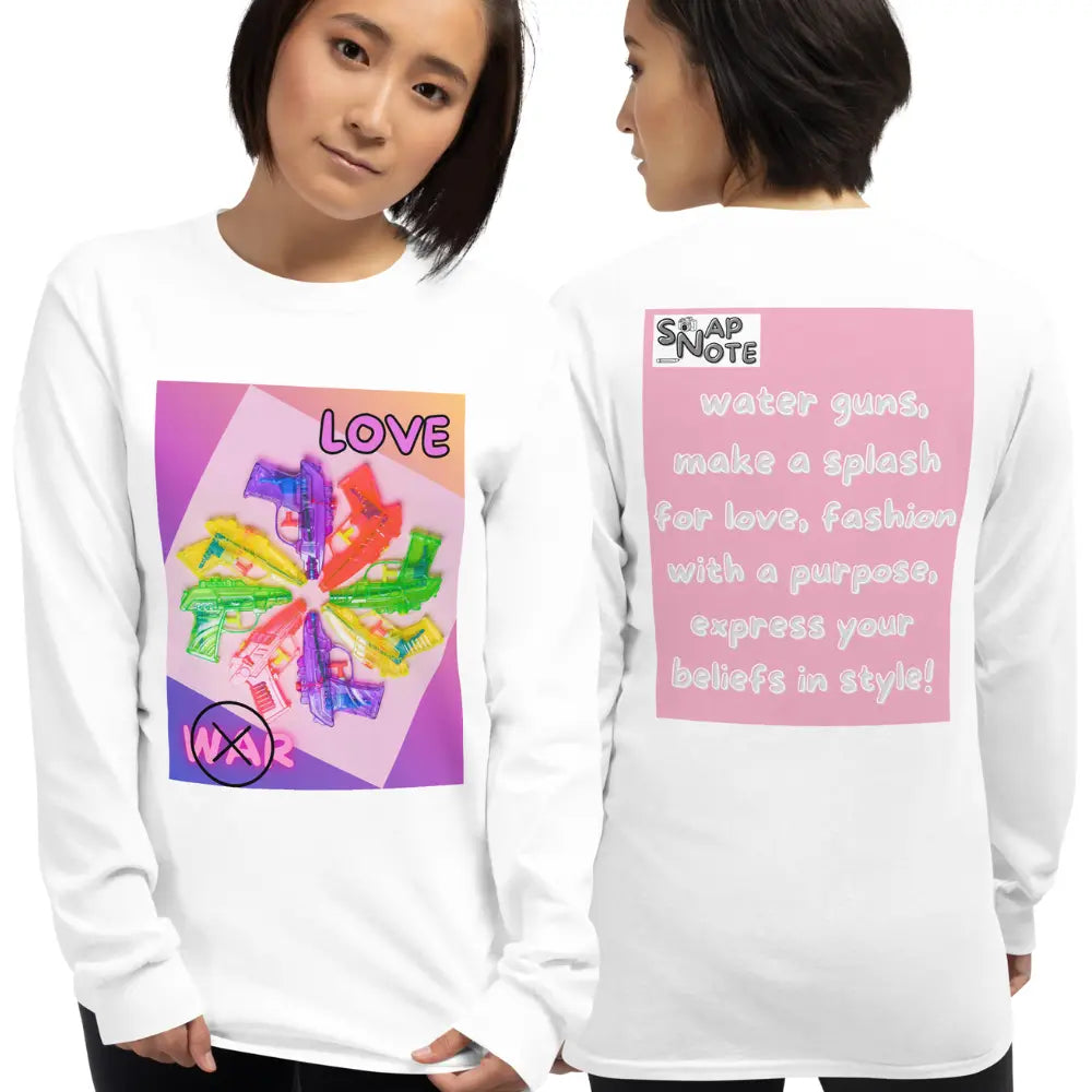 Woman supermodel wearing T-Shirt TShirt T Shirt Tee Men Women Teens Unisex Long Sleeves Heavy Cotton Crew Neck - love not war watergun peace pink pattern - White - 44.90 - SnapNote streetwear