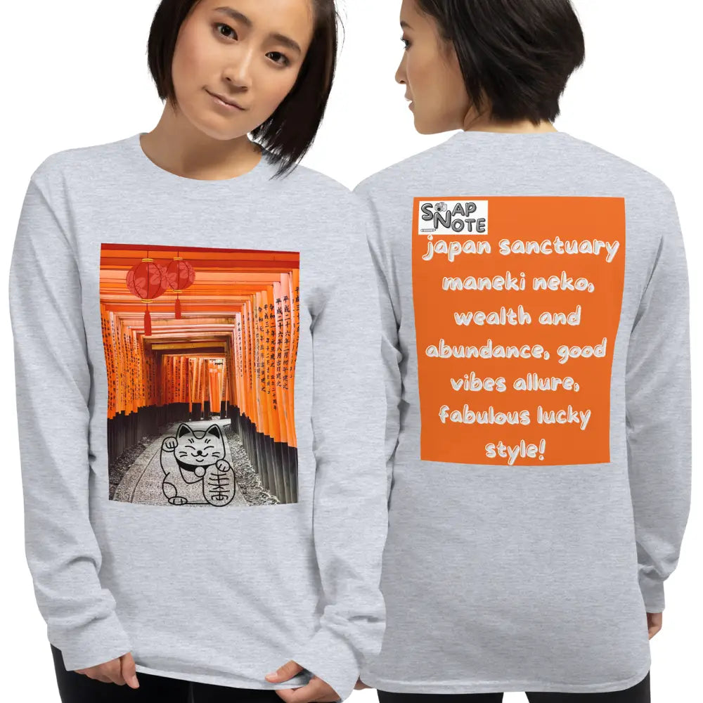 Woman supermodel wearing T-Shirt TShirt T Shirt Tee Men Women Teens Unisex Long Sleeves Heavy Cotton Crew Neck - maneki neko sanctuary japan orange pattern - Sport-Grey - 44.90 - SnapNote streetwear