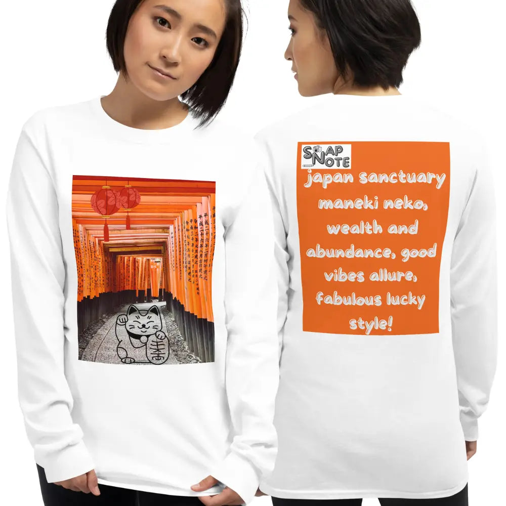 Woman supermodel wearing T-Shirt TShirt T Shirt Tee Men Women Teens Unisex Long Sleeves Heavy Cotton Crew Neck - maneki neko sanctuary japan orange pattern - White - 44.90 - SnapNote streetwear