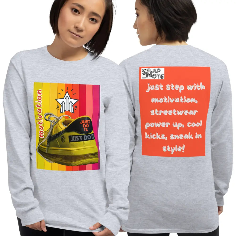 Woman supermodel wearing T-Shirt TShirt T Shirt Tee Men Women Teens Unisex Long Sleeves Heavy Cotton Crew Neck - motivation yellow leather sneaker orange pattern - Sport-Grey - 44.90 - SnapNote streetwear