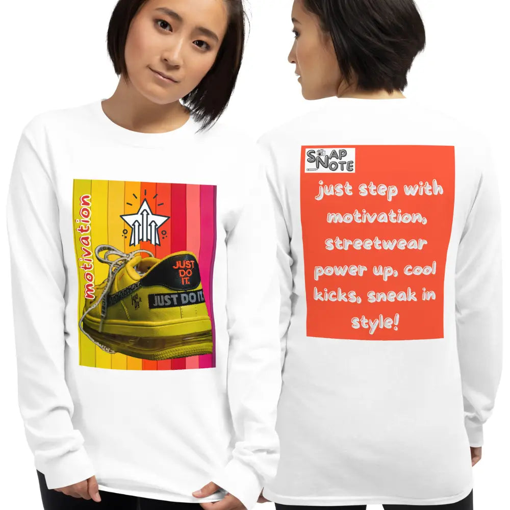 Woman supermodel wearing T-Shirt TShirt T Shirt Tee Men Women Teens Unisex Long Sleeves Heavy Cotton Crew Neck - motivation yellow leather sneaker orange pattern - White - 44.90 - SnapNote streetwear