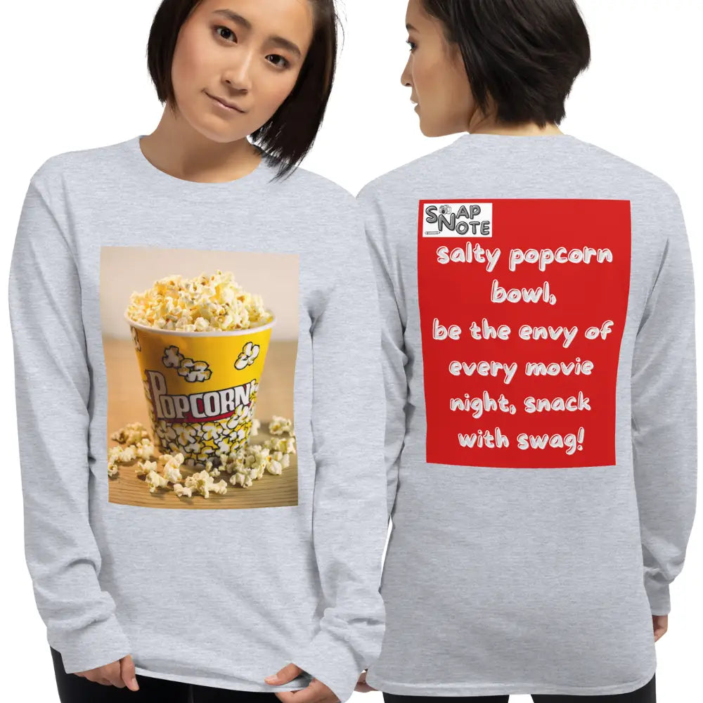 Woman supermodel wearing T-Shirt TShirt T Shirt Tee Men Women Teens Unisex Long Sleeves Heavy Cotton Crew Neck - movie night popcorn bowl red pattern - Sport-Grey - 44.90 - SnapNote streetwear