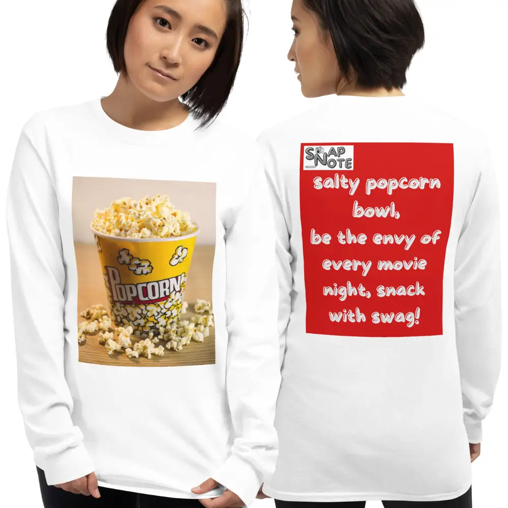 Woman supermodel wearing T-Shirt TShirt T Shirt Tee Men Women Teens Unisex Long Sleeves Heavy Cotton Crew Neck - movie night popcorn bowl red pattern - White - 44.90 - SnapNote streetwear