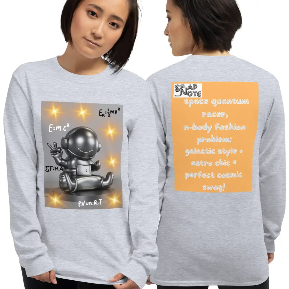 Woman supermodel wearing T-Shirt TShirt T Shirt Tee Men Women Teens Unisex Long Sleeves Heavy Cotton Crew Neck - spaceman quantum physics equation orange pattern - Sport-Grey - 44.90 - SnapNote streetwear