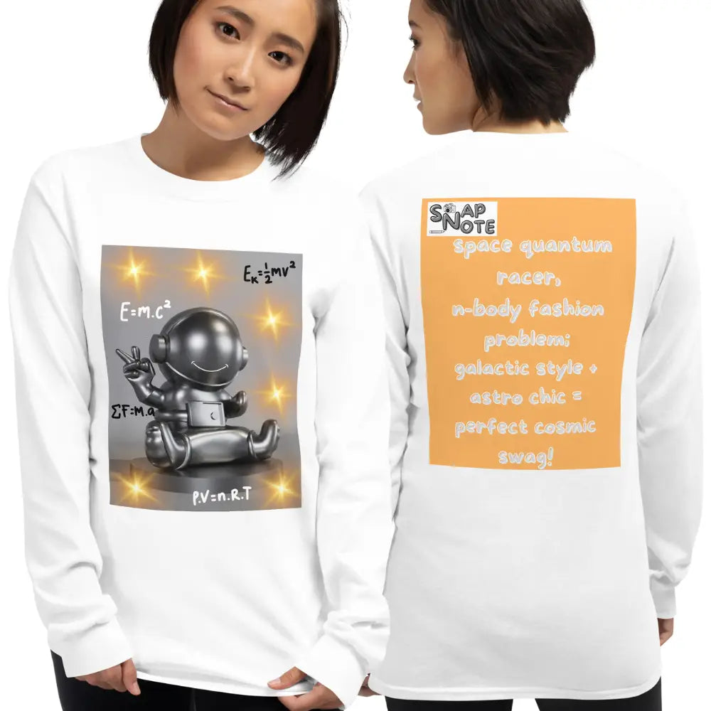 Woman supermodel wearing T-Shirt TShirt T Shirt Tee Men Women Teens Unisex Long Sleeves Heavy Cotton Crew Neck - spaceman quantum physics equation orange pattern - White - 44.90 - SnapNote streetwear