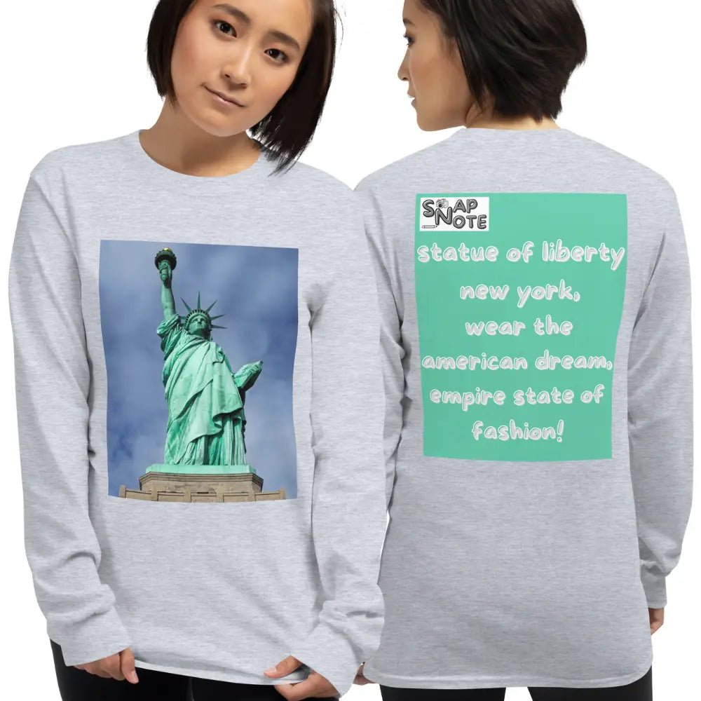 Woman supermodel wearing T-Shirt TShirt T Shirt Tee Men Women Teens Unisex Long Sleeves Heavy Cotton Crew Neck - statue liberty new york usa turquoise pattern - Sport-Grey - 44.90 - SnapNote streetwear