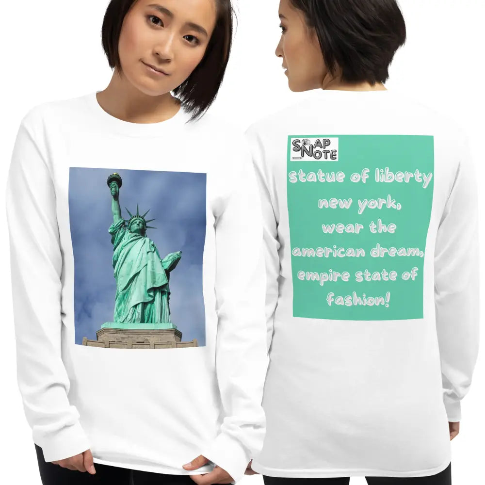 Woman supermodel wearing T-Shirt TShirt T Shirt Tee Men Women Teens Unisex Long Sleeves Heavy Cotton Crew Neck - statue liberty new york usa turquoise pattern - White - 44.90 - SnapNote streetwear