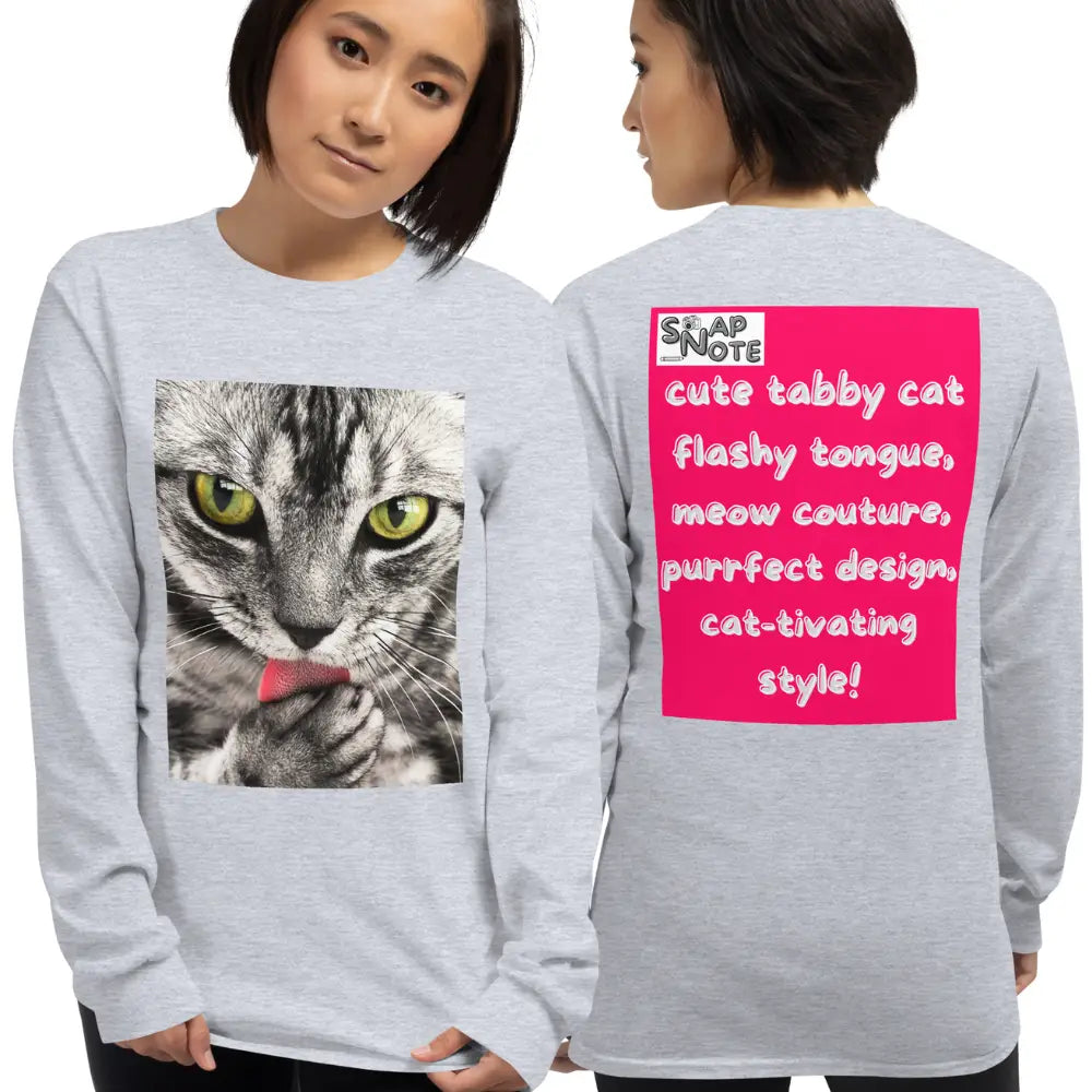 Woman supermodel wearing T-Shirt TShirt T Shirt Tee Men Women Teens Unisex Long Sleeves Heavy Cotton Crew Neck - animal pet tabby cat pink pattern - Sport-Grey - 44.90 - SnapNote streetwear