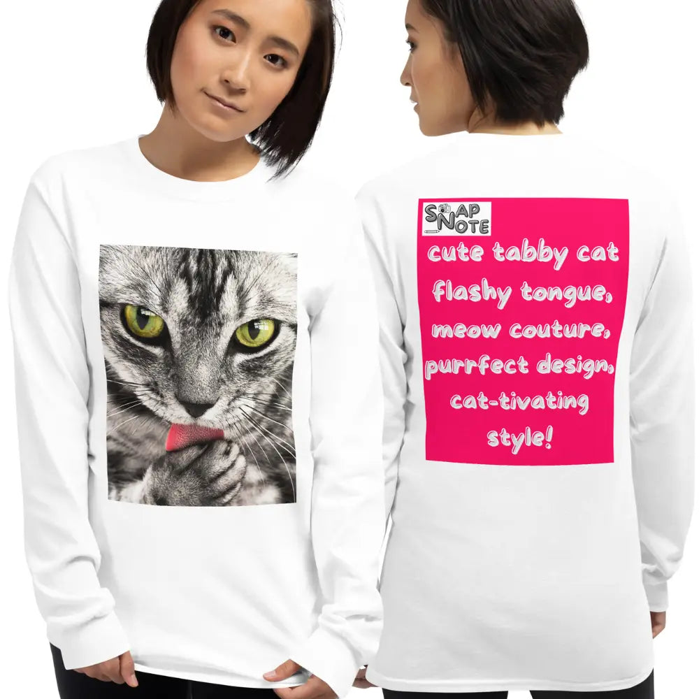 Woman supermodel wearing T-Shirt TShirt T Shirt Tee Men Women Teens Unisex Long Sleeves Heavy Cotton Crew Neck - animal pet tabby cat pink pattern - White - 44.90 - SnapNote streetwear