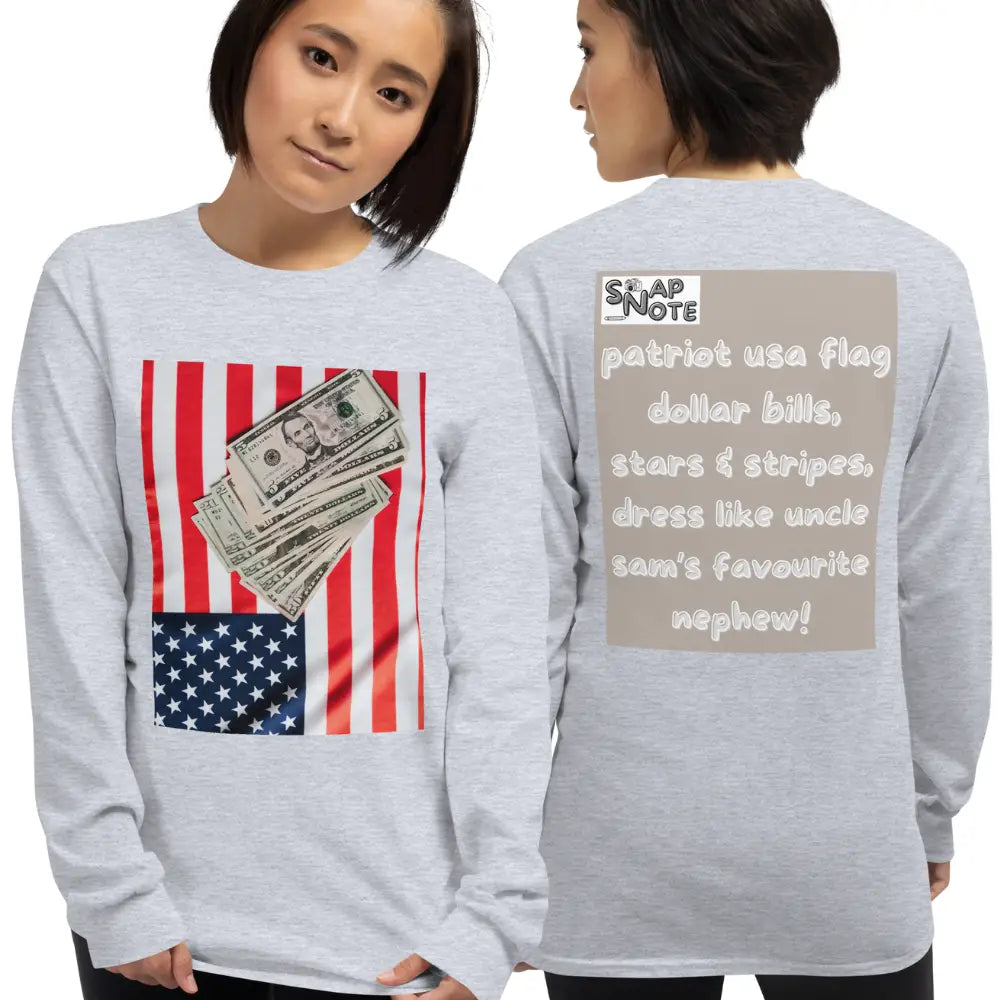 Woman supermodel wearing T-Shirt TShirt T Shirt Tee Men Women Teens Unisex Long Sleeves Heavy Cotton Crew Neck - usa flag dollar bills beige pattern - Sport-Grey - 44.90 - SnapNote streetwear