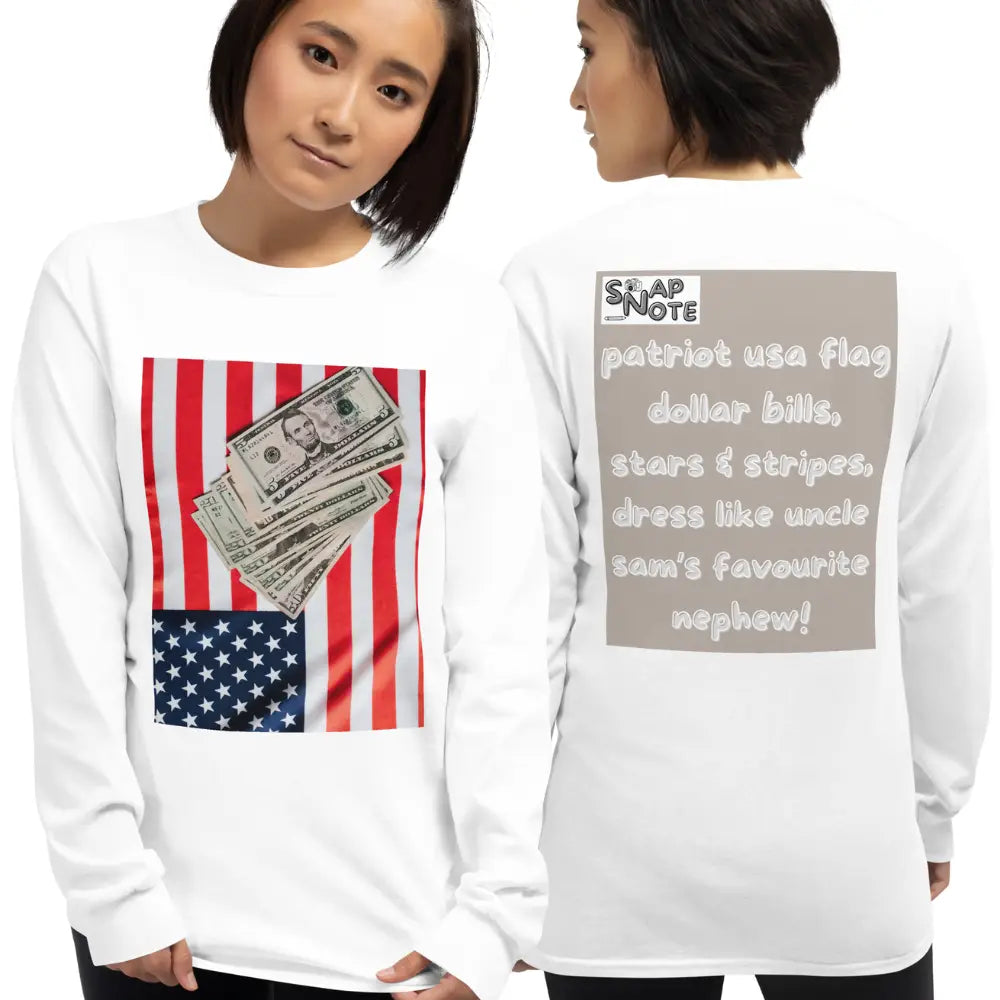 Woman supermodel wearing T-Shirt TShirt T Shirt Tee Men Women Teens Unisex Long Sleeves Heavy Cotton Crew Neck - usa flag dollar bills beige pattern - White - 44.90 - SnapNote streetwear